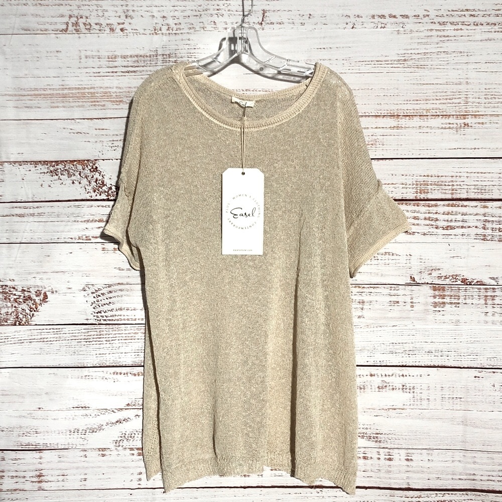 EASEL Beige Khaki Short Sleeve Reverse Hem Knit Top XL NWT